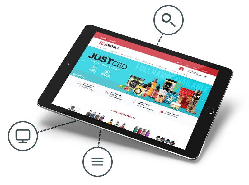 JM Distro website in a tablet