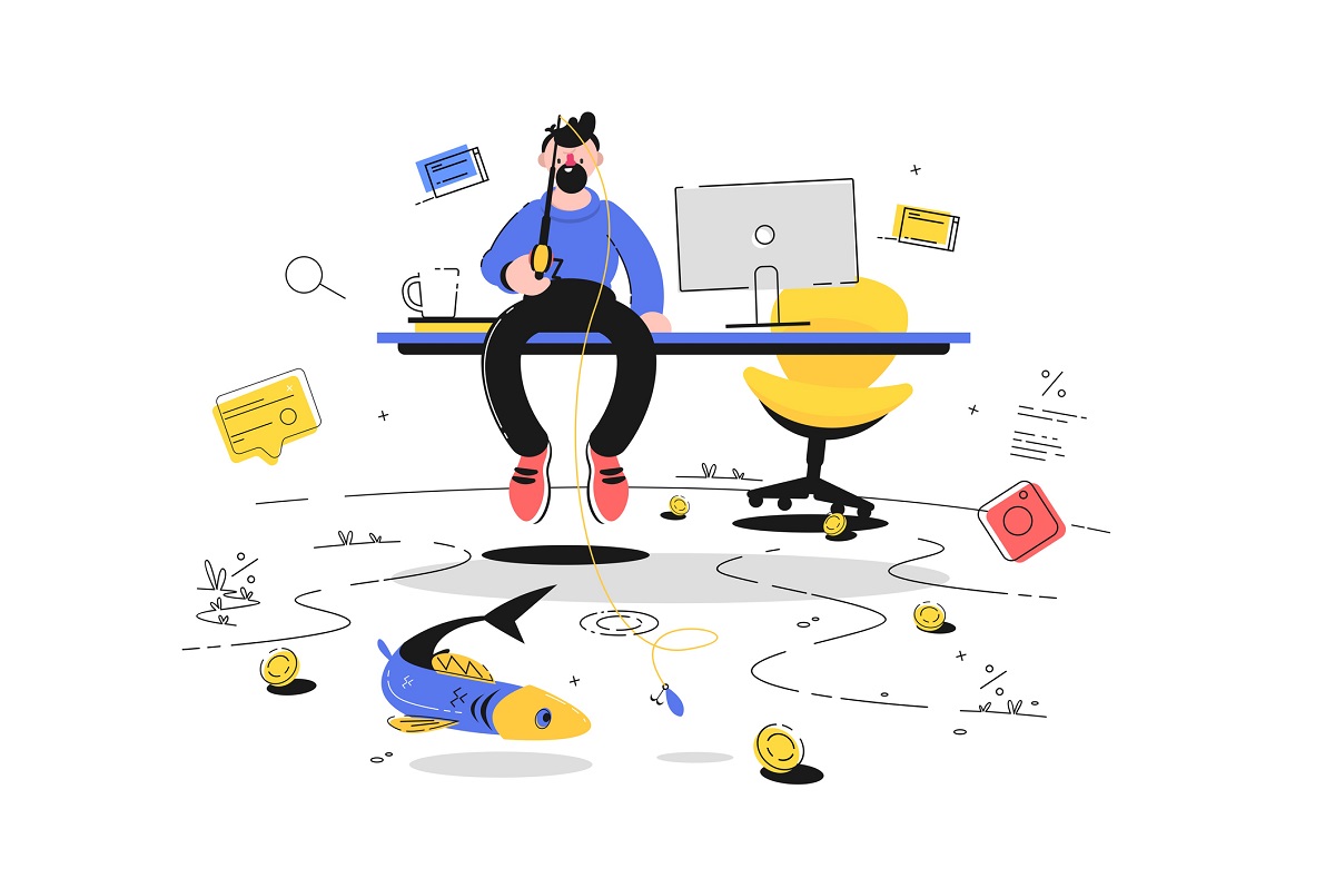 Man fishing in office vector illustration. Guy sitting on table in cabinet and trying catch coins and gold fish flat style concept. Business and increase income concept