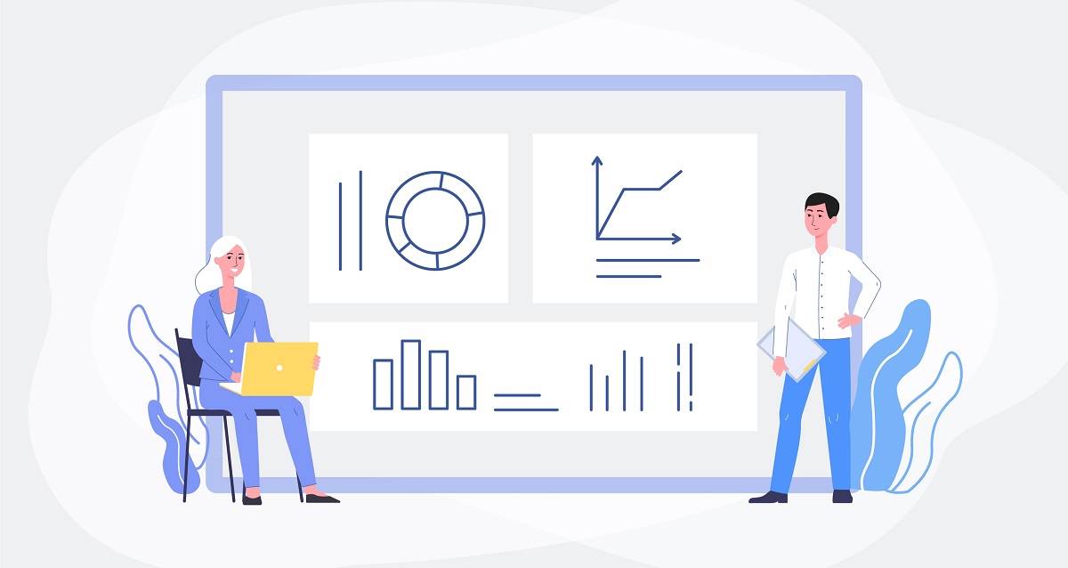 Business data analysis banner with people track business performance and company statistics on huge computer screen with graphs and charts, flat vector illustration.