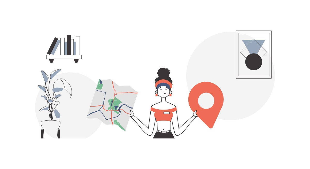 The girl is holding a map. Delivery concept. Linear trendy style.