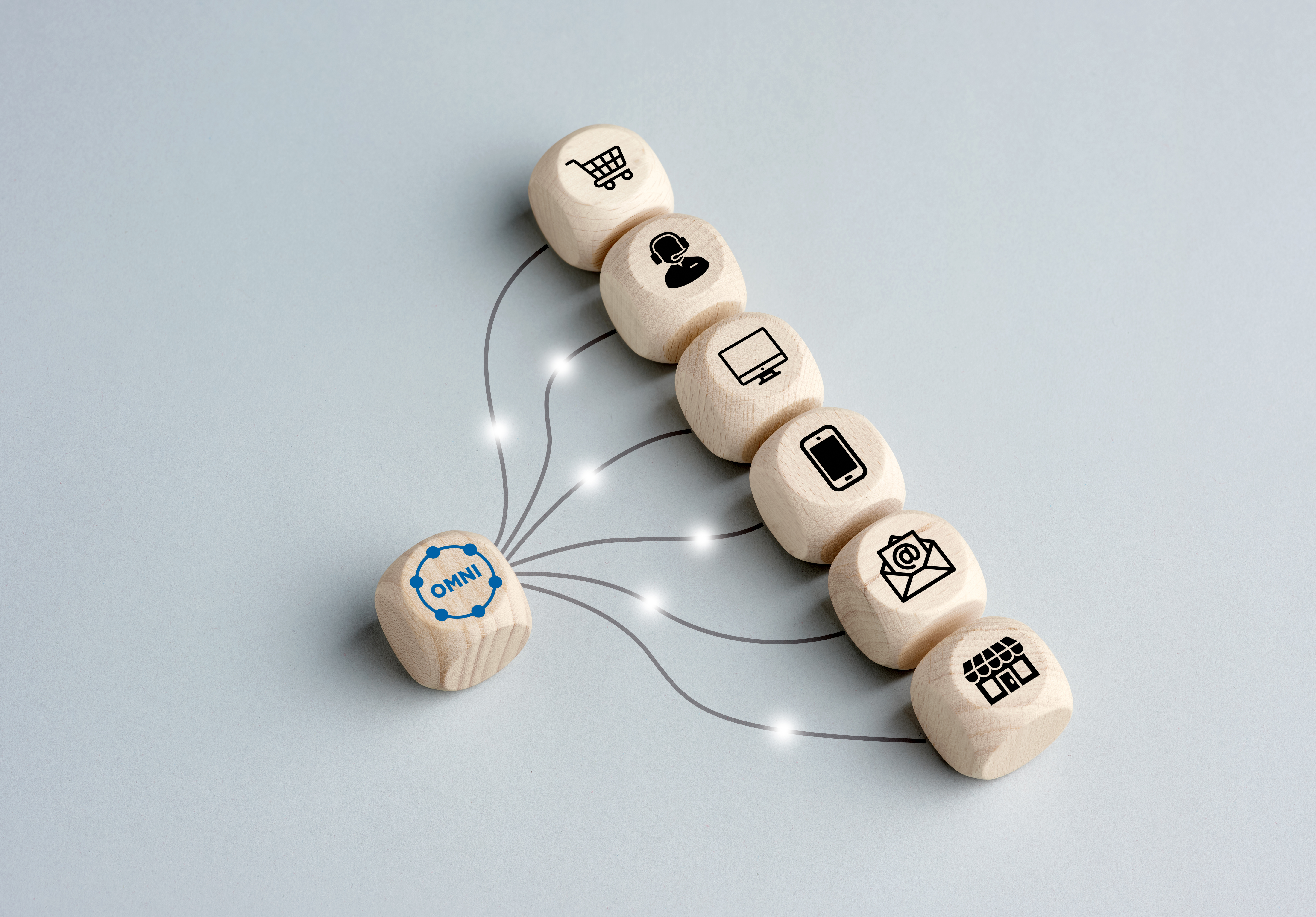 Omnichannel marketing business strategy concept. Digital online marketing and customer engagement by integrated channels. Wooden cubes linked with transfer communication lines.