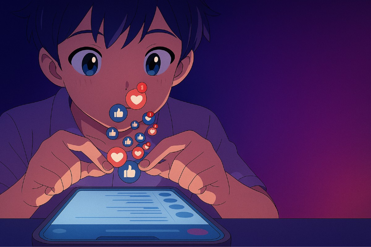 A cartoon boy using social media in his tablet device