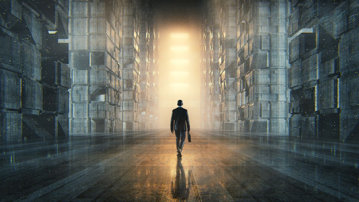Businessman walking in dark futuristic city 