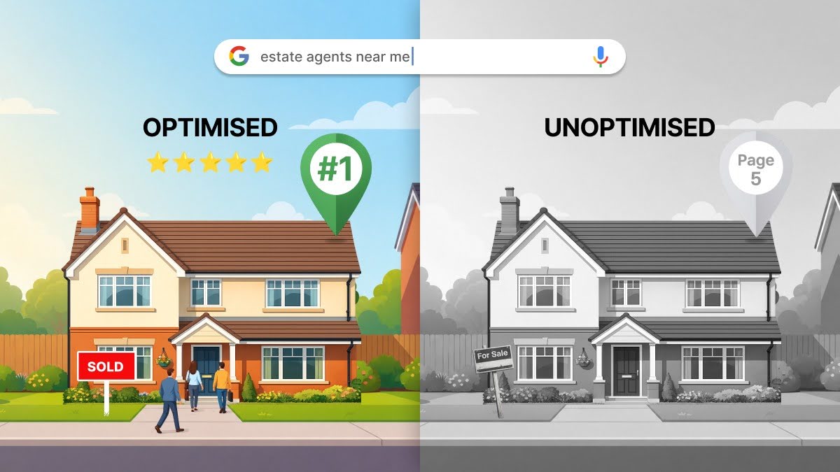 The 2026 Guide to SEO for Estate Agents 1 Illustrated comparison of two UK estate agency homes — one optimised for SEO shown in colour with a Sold sign, viewers and a top Google ranking, and one unoptimised shown in grey with a stale For Sale sign and a low ranking